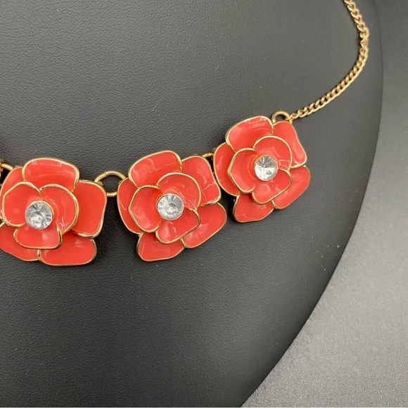 Coral Floral Enamel Rose  Collar Necklace - Picture 8 of 10